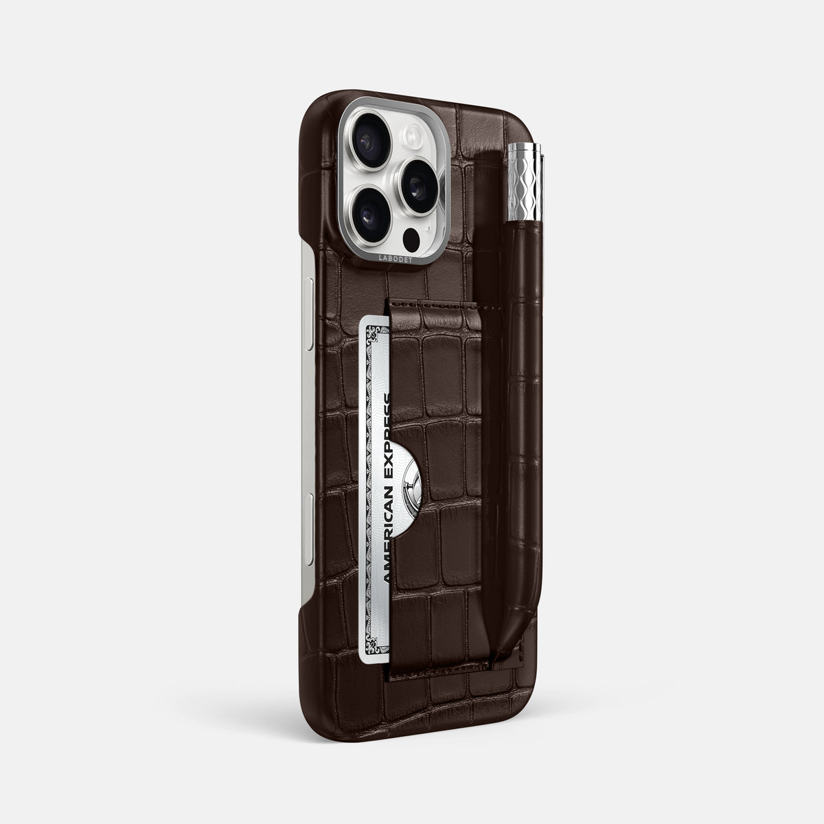 Dark-Brown iPhone 16 Pro Max Card and Pen Holder Case Alligator with Steel Metal -2 | Dark-Brown-Steel