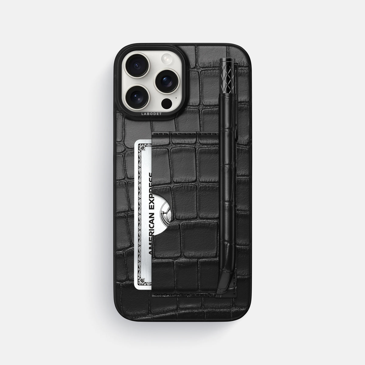 Black iPhone 16 Pro Max Card and Pen Holder Case Alligator with Black Metal -1 | Black-Black