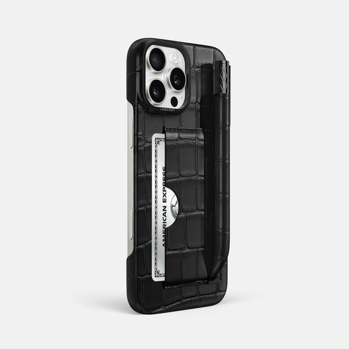 Black iPhone 16 Pro Max Card and Pen Holder Case Alligator with Black Metal -2 | Black-Black