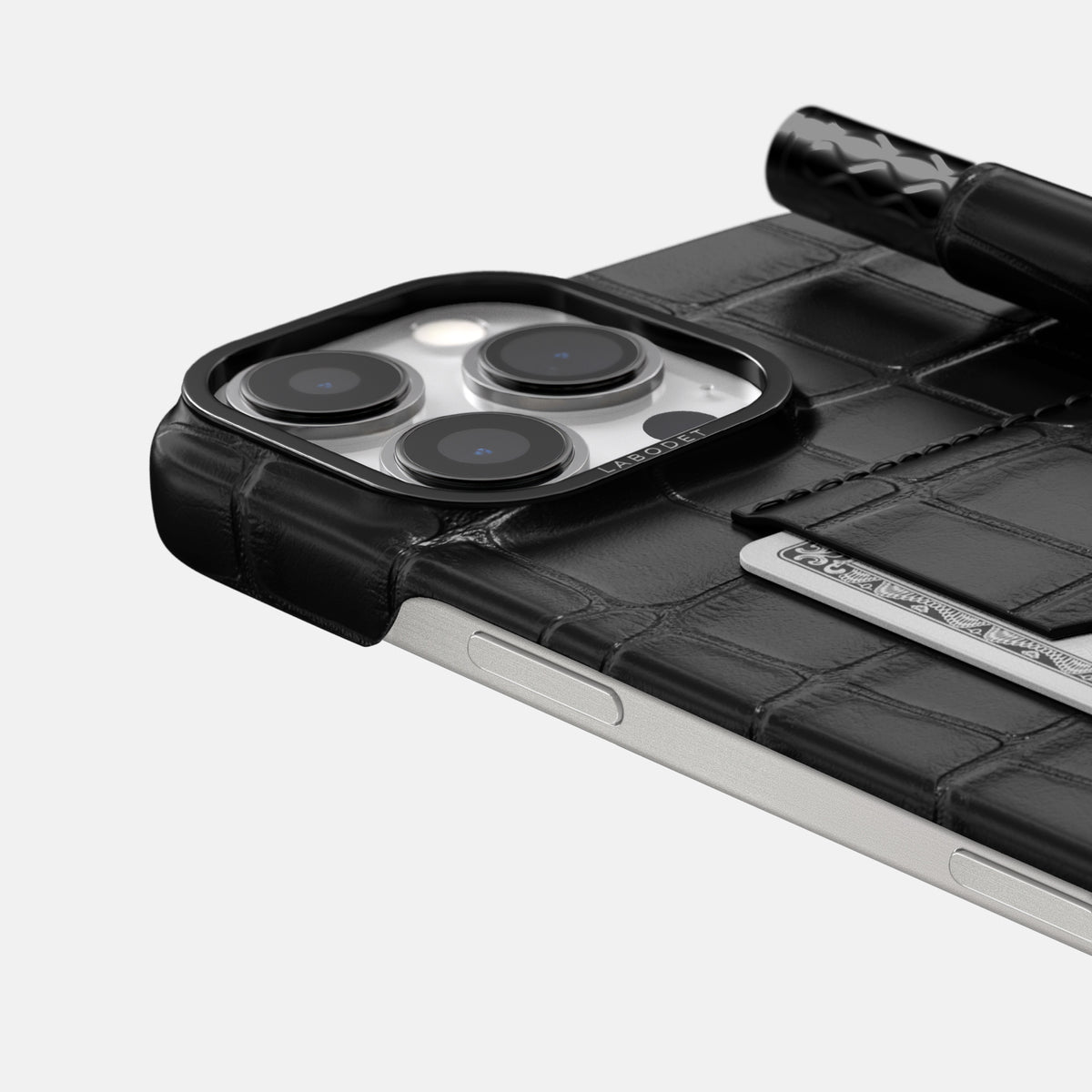 Black iPhone 16 Pro Max Card and Pen Holder Case Alligator with Black Metal -4 | Black-Black