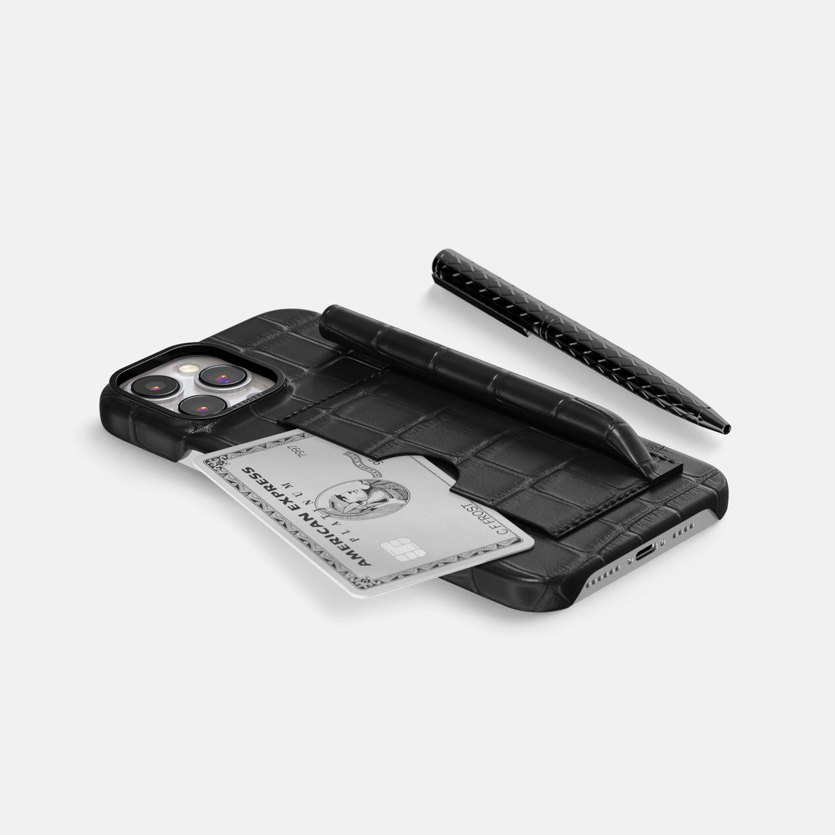 Black iPhone 16 Pro Max Card and Pen Holder Case Alligator with Black Metal -5 | Black-Black