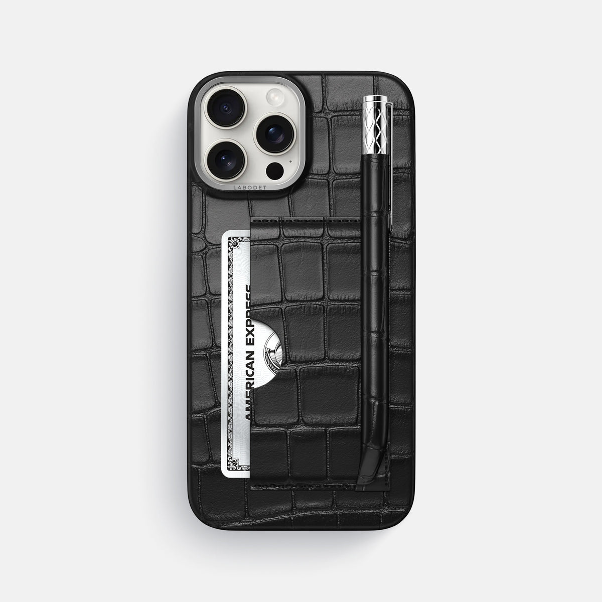 Black iPhone 16 Pro Max Card and Pen Holder Case Alligator with Steel Metal -1 | Black-Steel