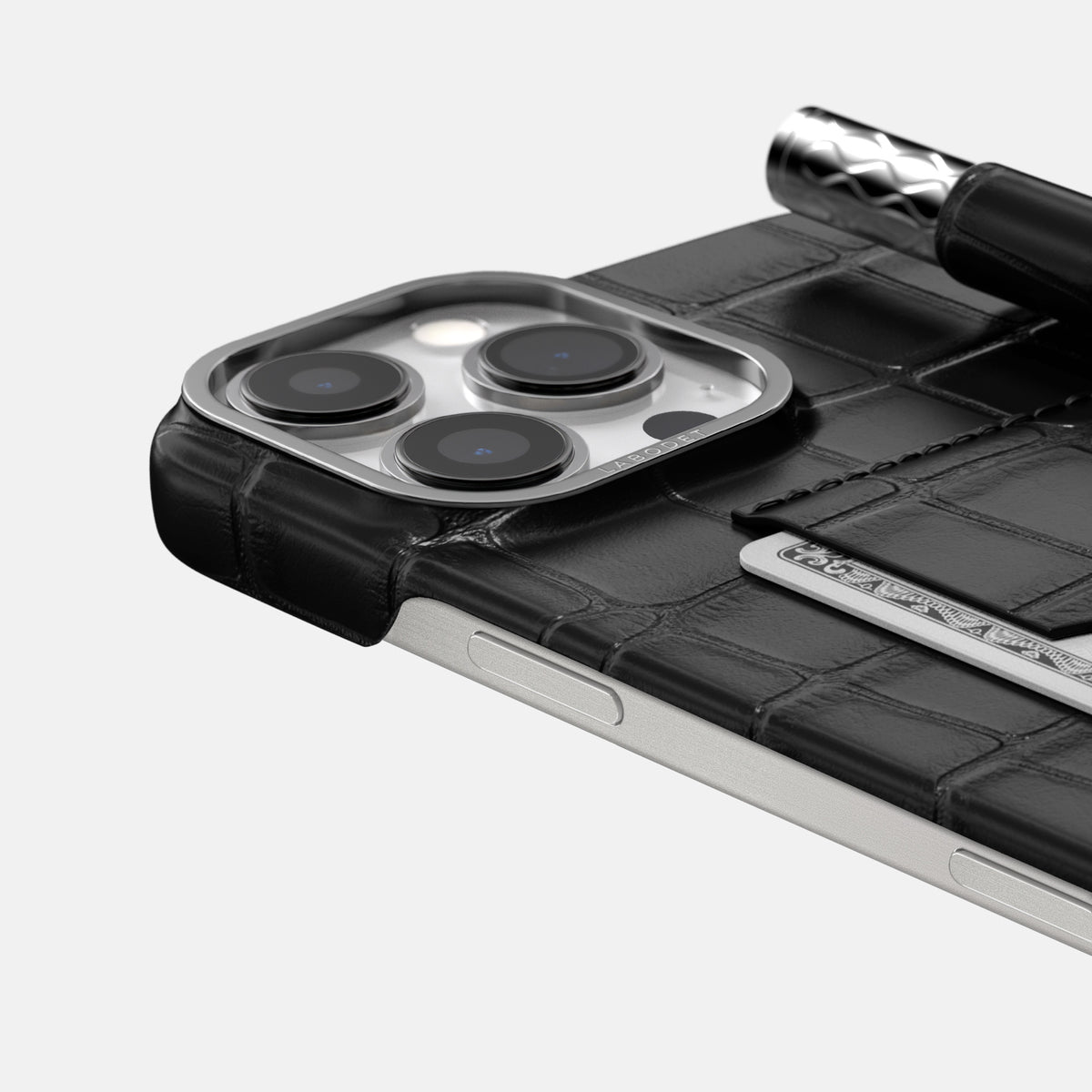Black iPhone 16 Pro Max Card and Pen Holder Case Alligator with Steel Metal -4 | Black-Steel
