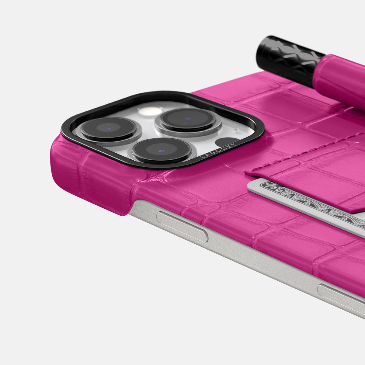 Fuchsia iPhone 16 Pro Max Card and Pen Holder Case Alligator with Black Metal -4 | Fuchsia-Black