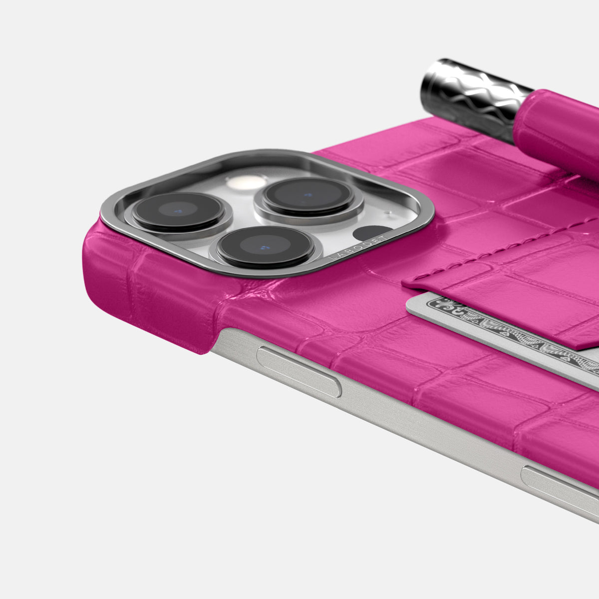 Fuchsia iPhone 16 Pro Max Card and Pen Holder Case Alligator with Steel Metal -4 | Fuchsia-Steel