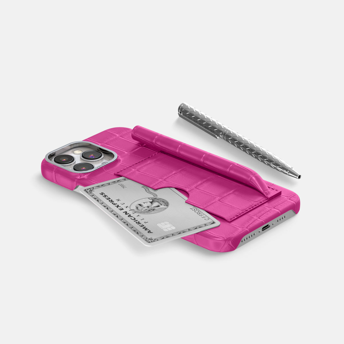 Fuchsia iPhone 16 Pro Max Card and Pen Holder Case Alligator with Steel Metal -5 | Fuchsia-Steel