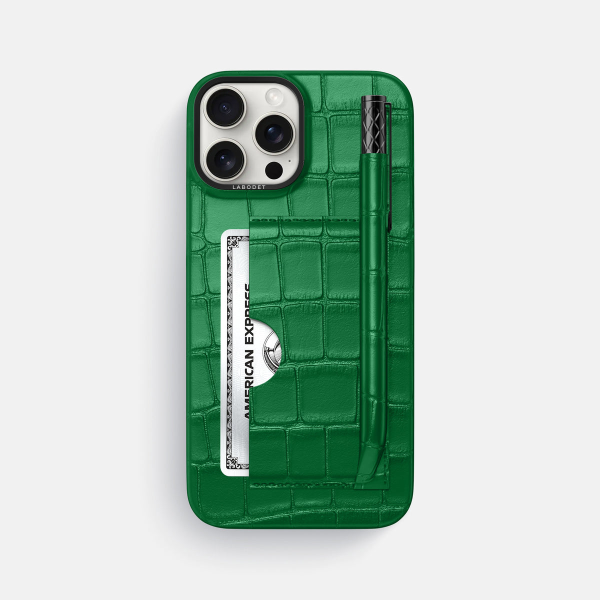 Forest-Green iPhone 16 Pro Max Card and Pen Holder Case In Alligator with Black Metal -1 | Forest-Green-Black