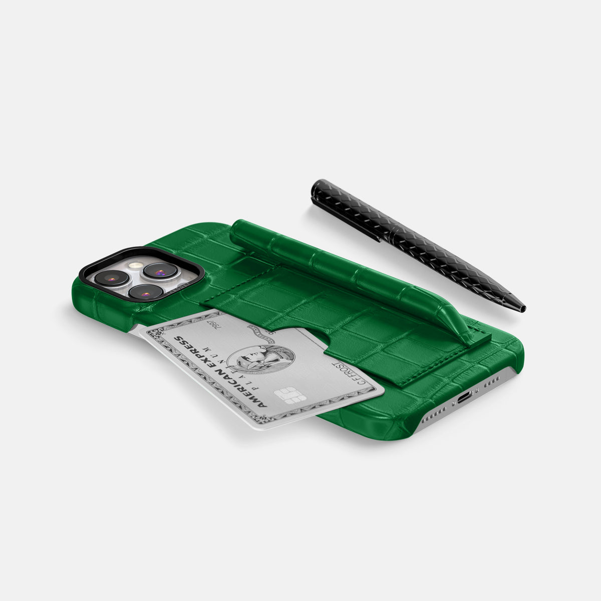 Forest-Green iPhone 16 Pro Max Card and Pen Holder Case In Alligator with Black Metal -5 | Forest-Green-Black