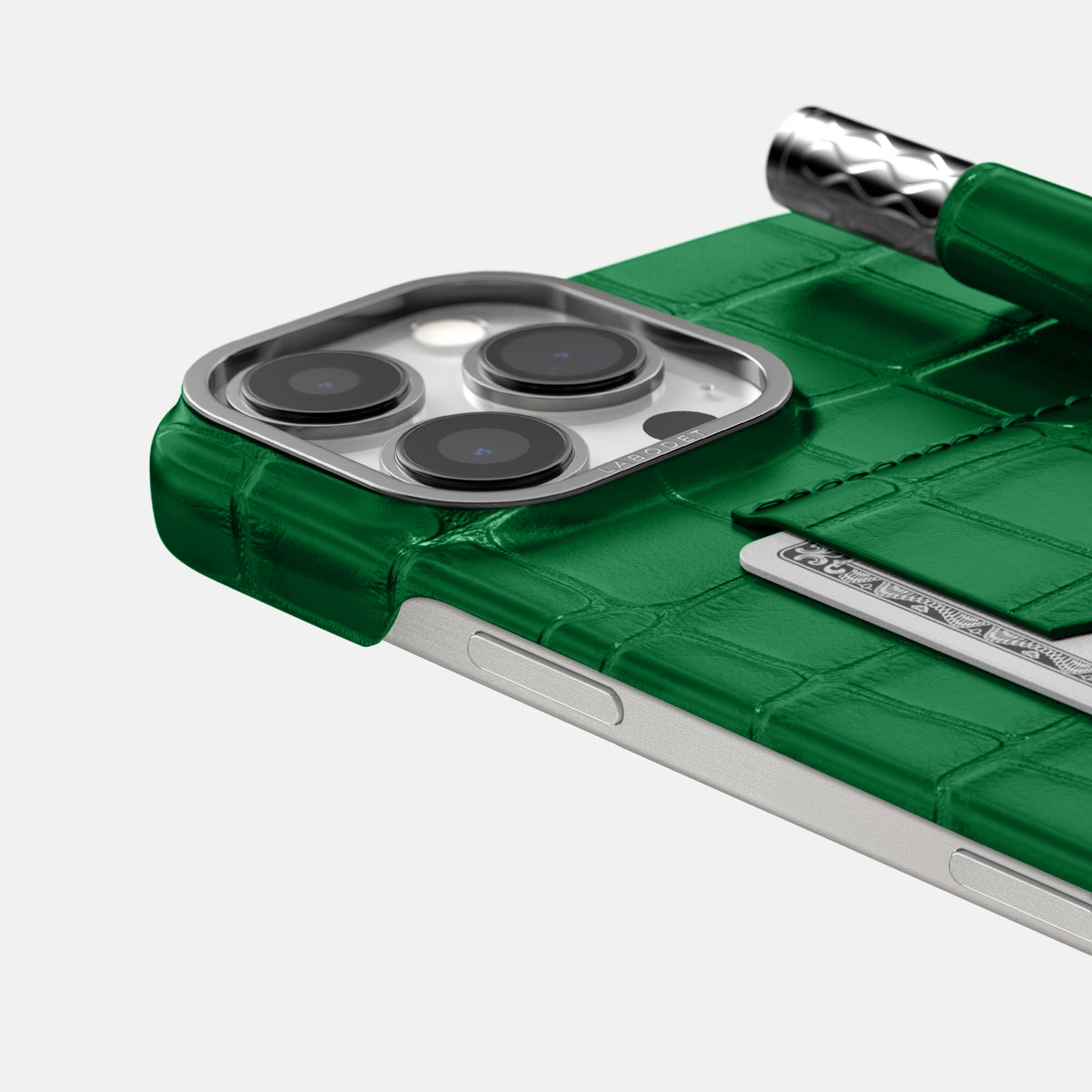 Forest-Green iPhone 16 Pro Max Card and Pen Holder Case In Alligator with Steel Metal -4 | Forest-Green-Steel