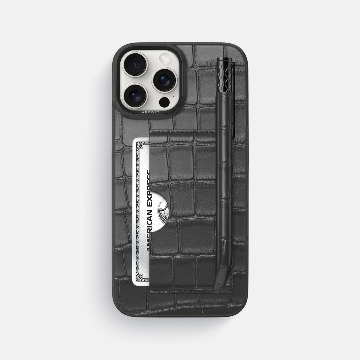 Grey iPhone 16 Pro Max Card and Pen Holder Case Alligator with Black Metal -1 | Grey-Black