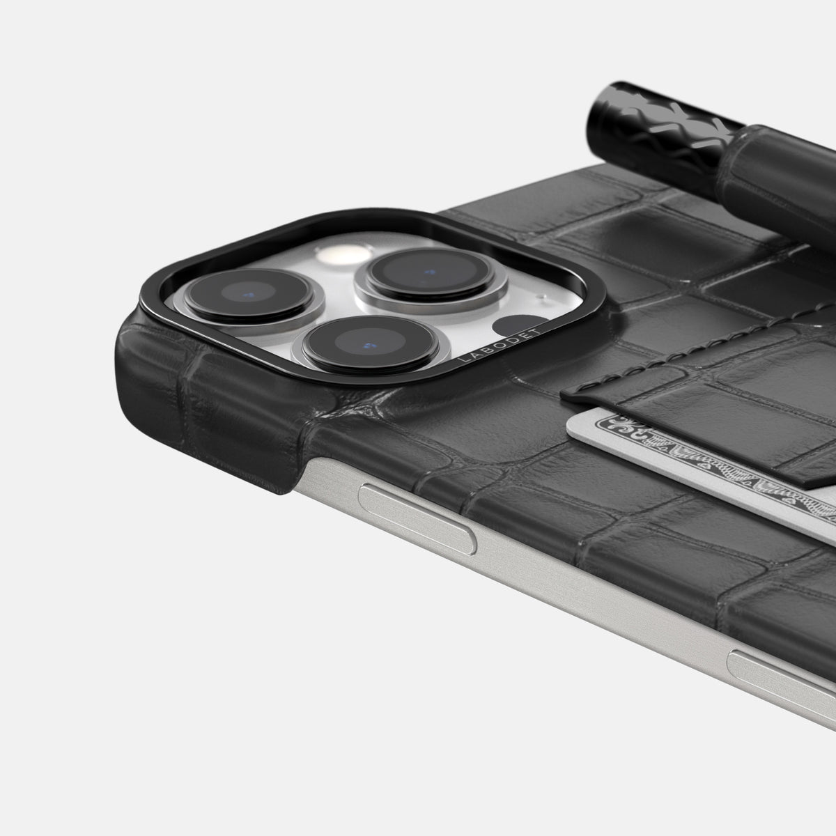 Grey iPhone 16 Pro Max Card and Pen Holder Case Alligator with Black Metal -4 | Grey-Black