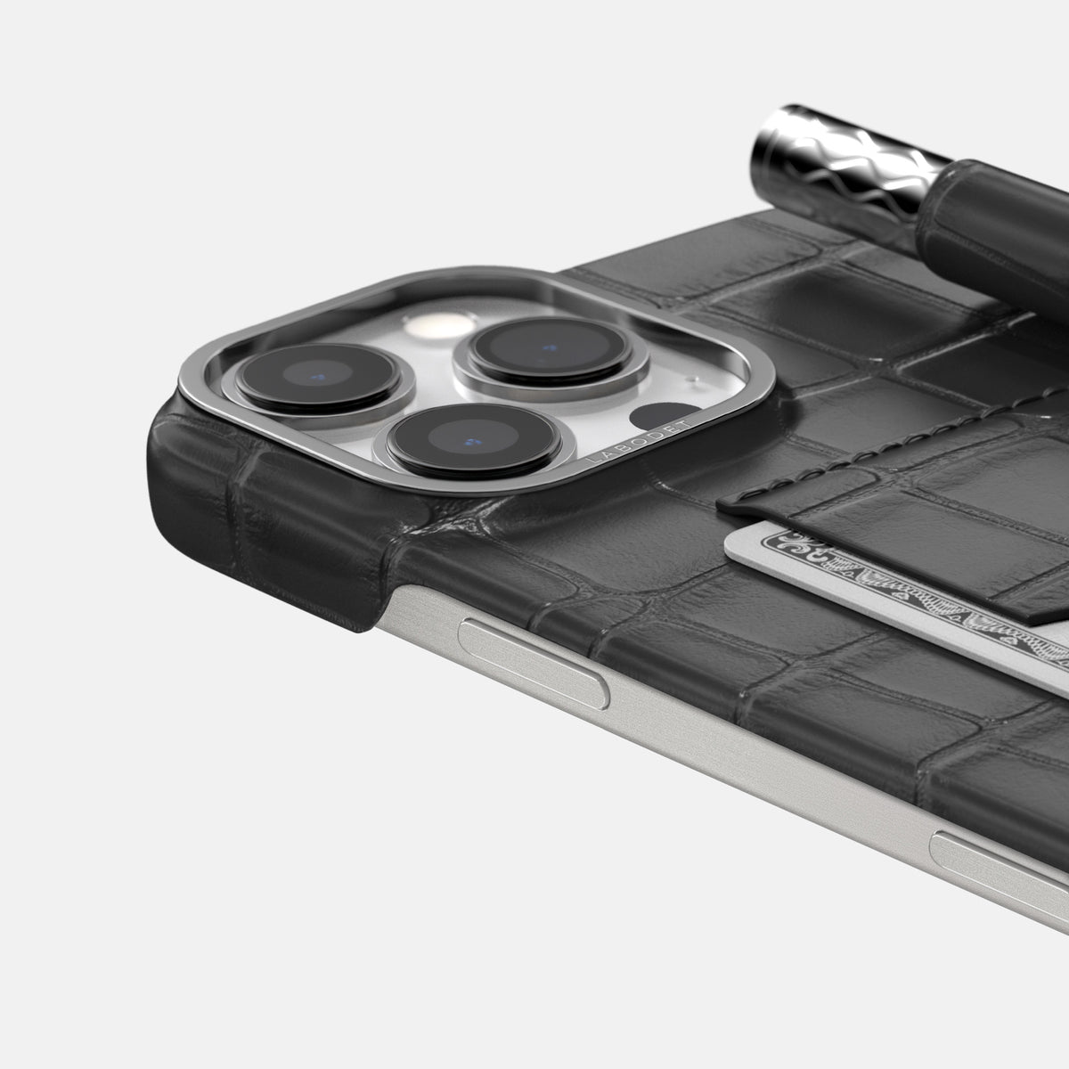 Grey iPhone 16 Pro Max Card and Pen Holder Case Alligator with Steel Metal -4 | Grey-Steel