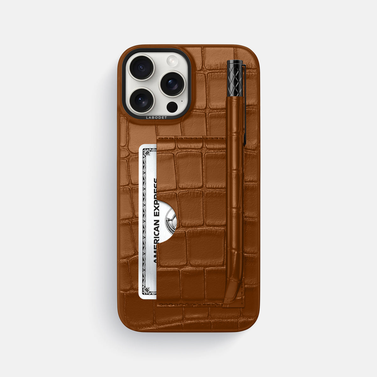 Honey iPhone 16 Pro Max Card and Pen Holder Case Alligator with Black Metal -1 | Honey-Black