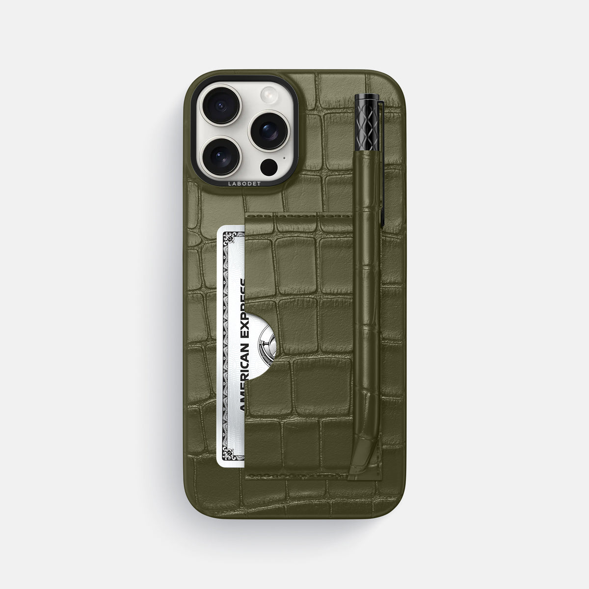 Kaki-Green iPhone 16 Pro Max Card and Pen Holder Case Alligator with Black Metal -1 | Kaki-Green-Black