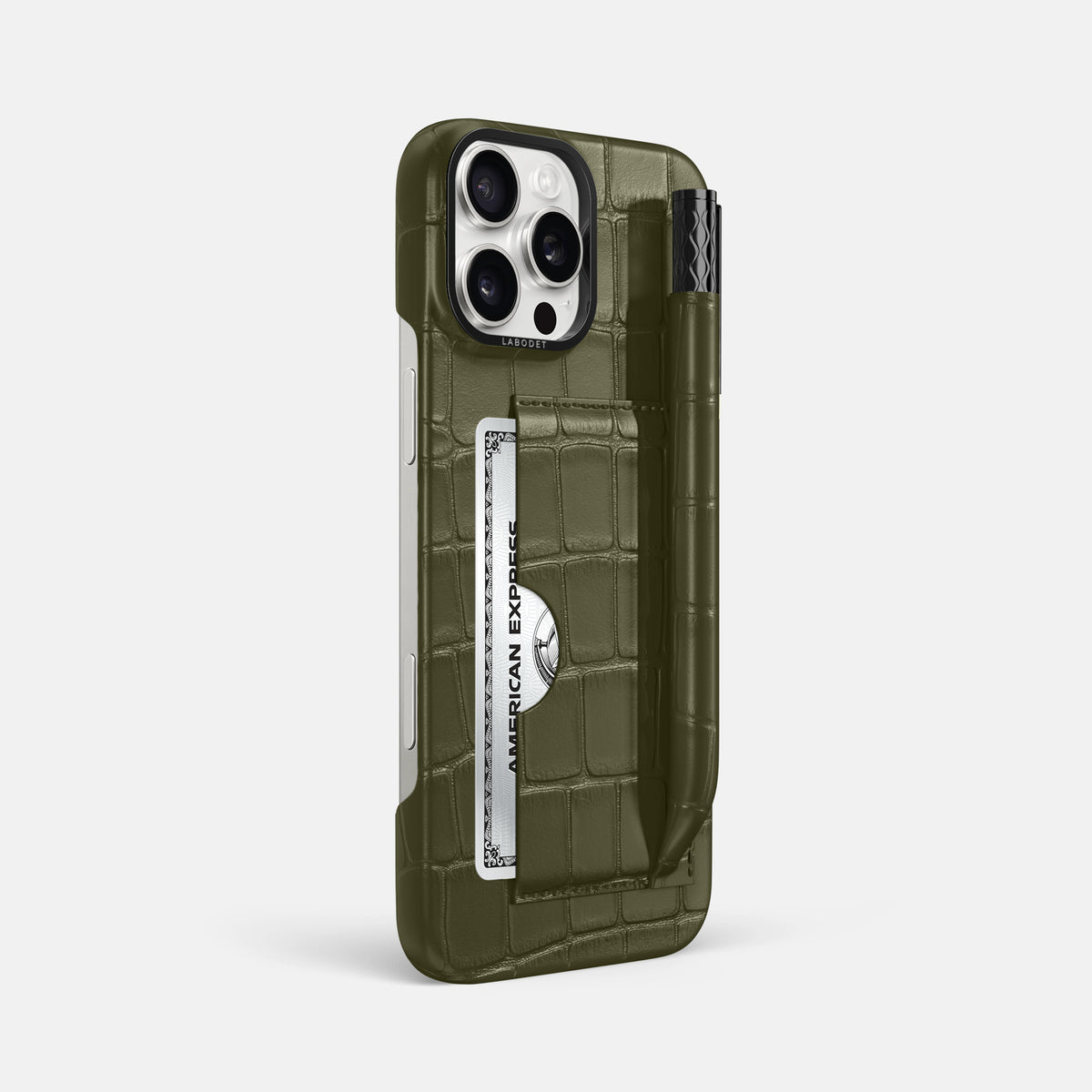 Kaki-Green iPhone 16 Pro Max Card and Pen Holder Case Alligator with Black Metal -2 | Kaki-Green-Black