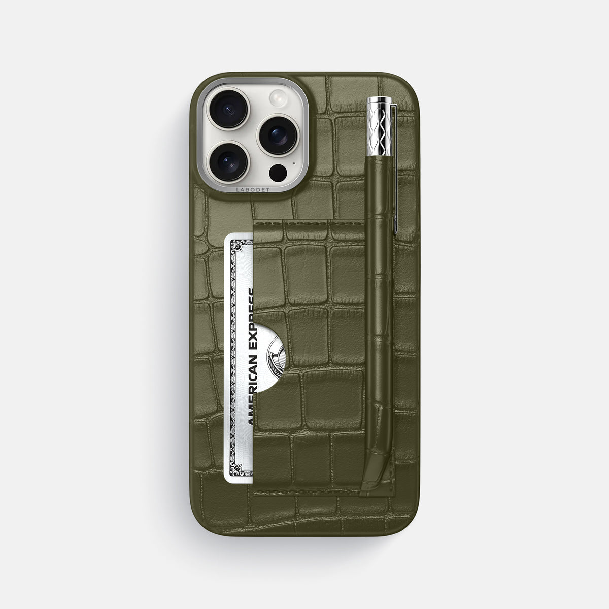 Kaki-Green iPhone 16 Pro Max Card and Pen Holder Case Alligator with Steel Metal -1 | Kaki-Green-Steel