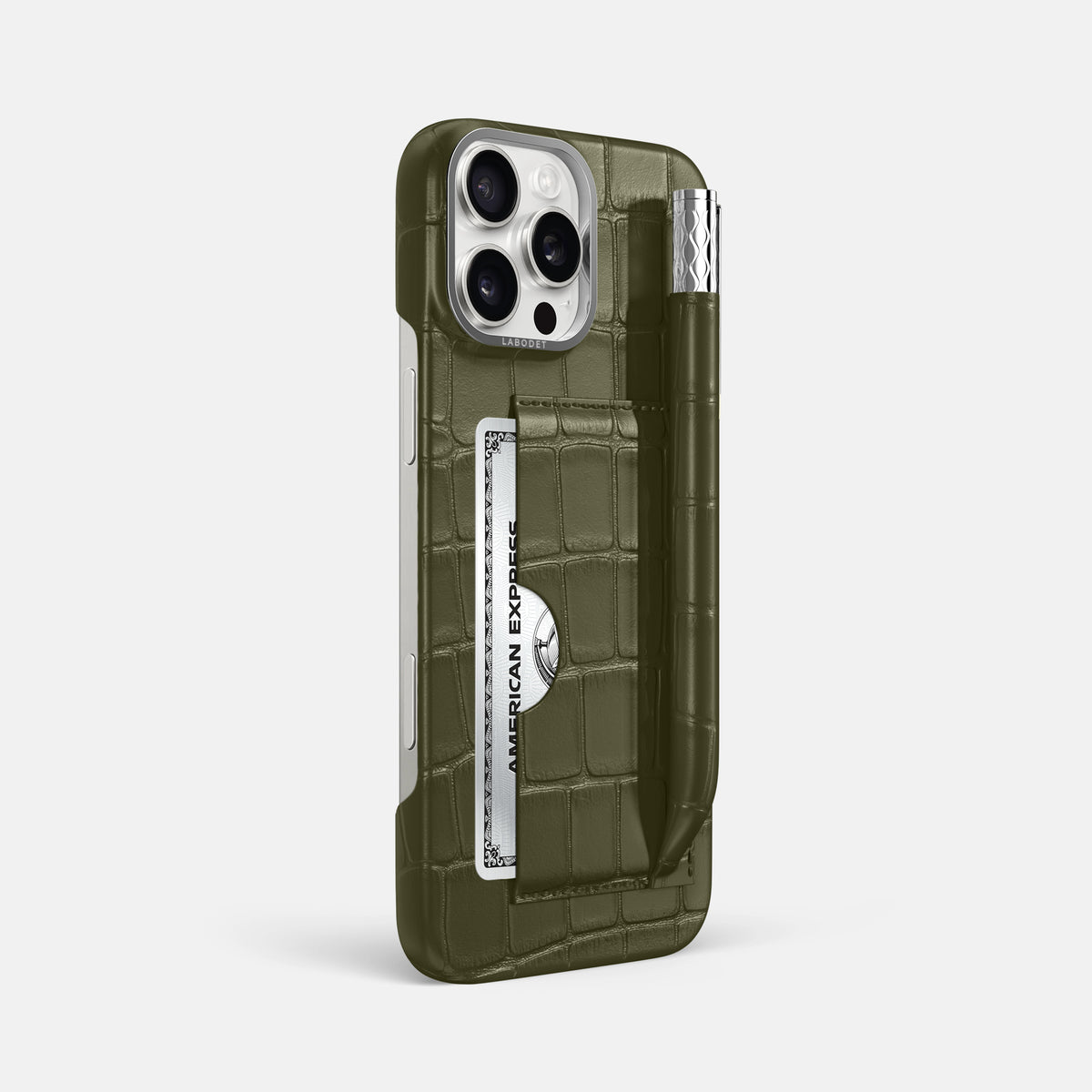 Kaki-Green iPhone 16 Pro Max Card and Pen Holder Case Alligator with Steel Metal -2 | Kaki-Green-Steel