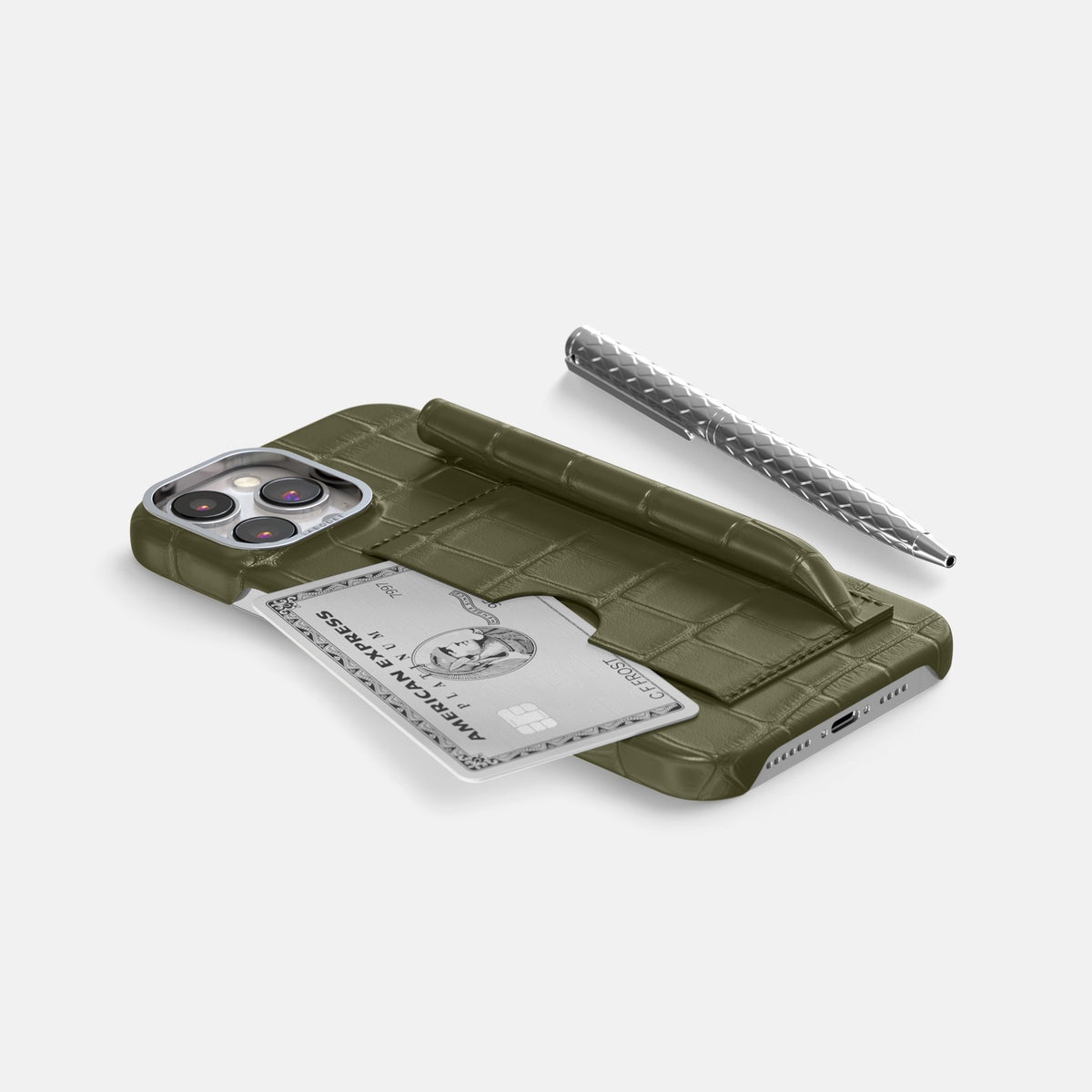 Kaki-Green iPhone 16 Pro Max Card and Pen Holder Case Alligator with Steel Metal -5 | Kaki-Green-Steel