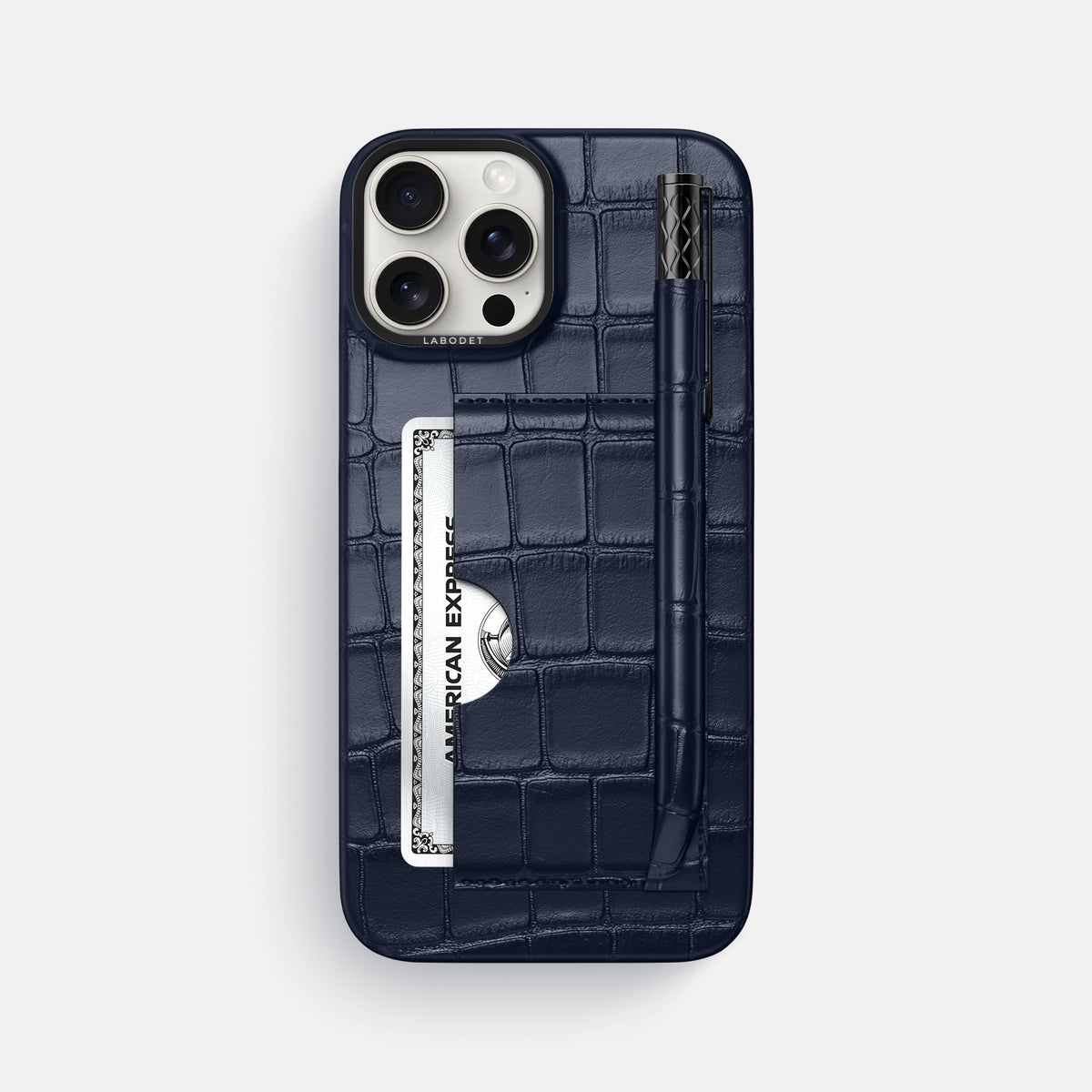 Navy Blue iPhone 16 Pro Max Card and Pen Holder Case Alligator with Black Metal -1 | Navy-Blue-Black