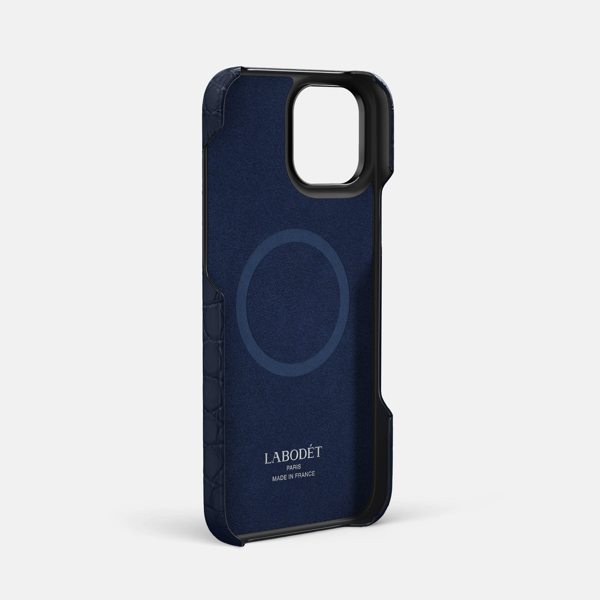 Navy Blue iPhone 16 Pro Max Card and Pen Holder Case Alligator with Black Metal -3 | Navy-Blue-Black