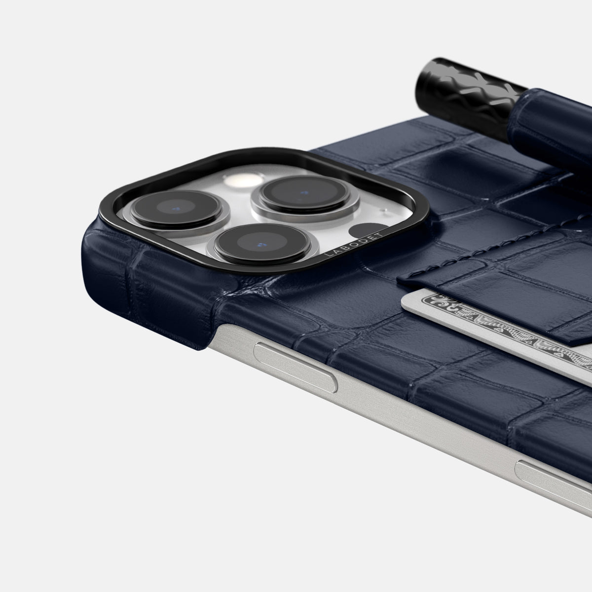 Navy Blue iPhone 16 Pro Max Card and Pen Holder Case Alligator with Black Metal -4 | Navy-Blue-Black