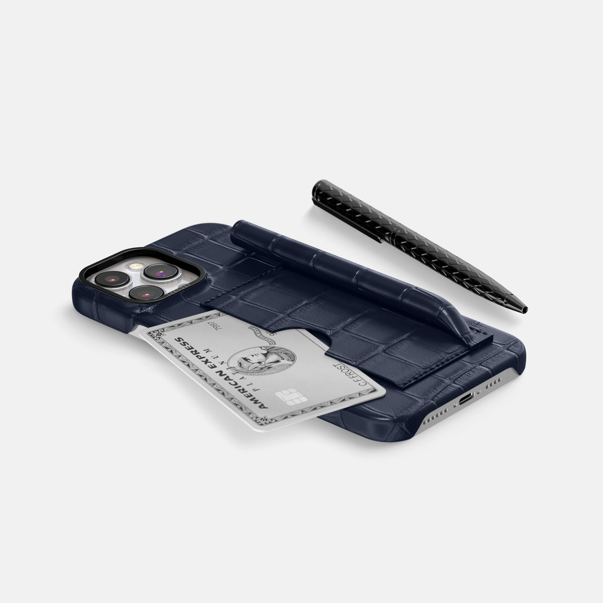 Navy Blue iPhone 16 Pro Max Card and Pen Holder Case Alligator with Black Metal -5 | Navy-Blue-Black