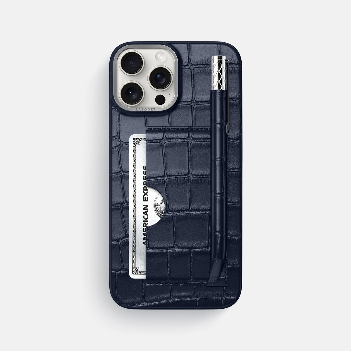 Navy Blue iPhone 16 Pro Max Card and Pen Holder Case Alligator with Steel Metal -1 | Navy-Blue-Steel