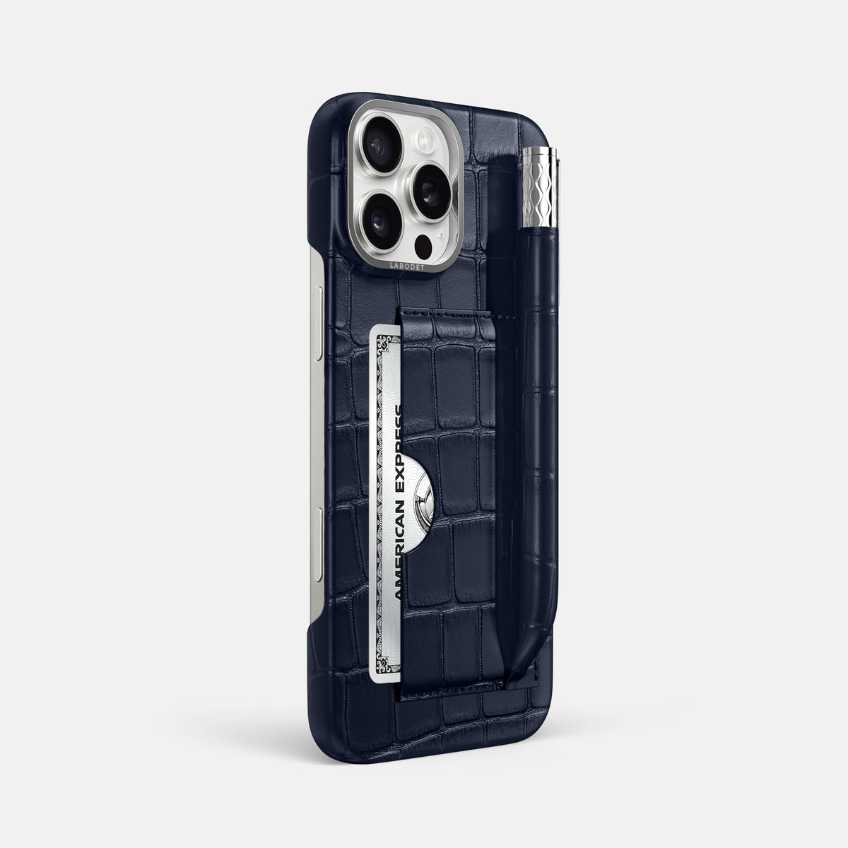 Navy Blue iPhone 16 Pro Max Card and Pen Holder Case Alligator with Steel Metal -2 | Navy-Blue-Steel