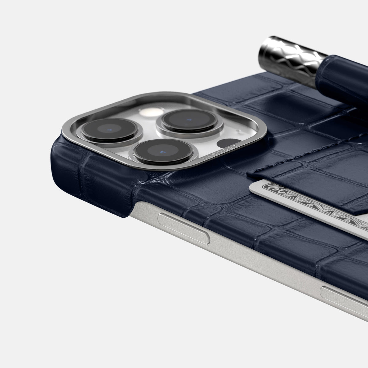 Navy Blue iPhone 16 Pro Max Card and Pen Holder Case Alligator with Steel Metal -4 | Navy-Blue-Steel