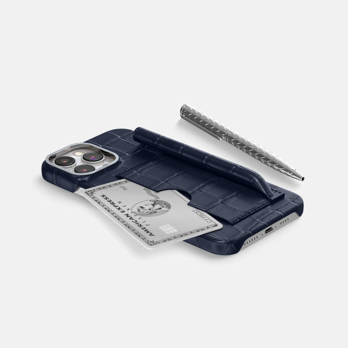 Navy Blue iPhone 16 Pro Max Card and Pen Holder Case Alligator with Steel Metal -5 | Navy-Blue-Steel