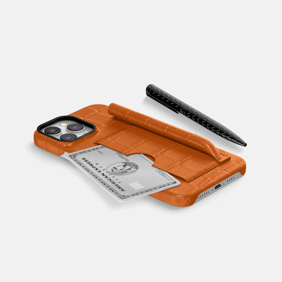 Orange iPhone 16 Pro Max Card and Pen Holder Case Alligator with Black Metal -5 | Orange-Black