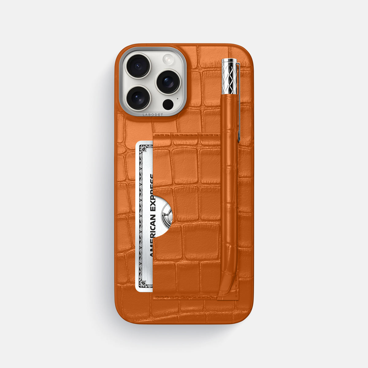 Orange iPhone 16 Pro Max Card and Pen Holder Case Alligator with Steel Metal -1 | Orange-Steel