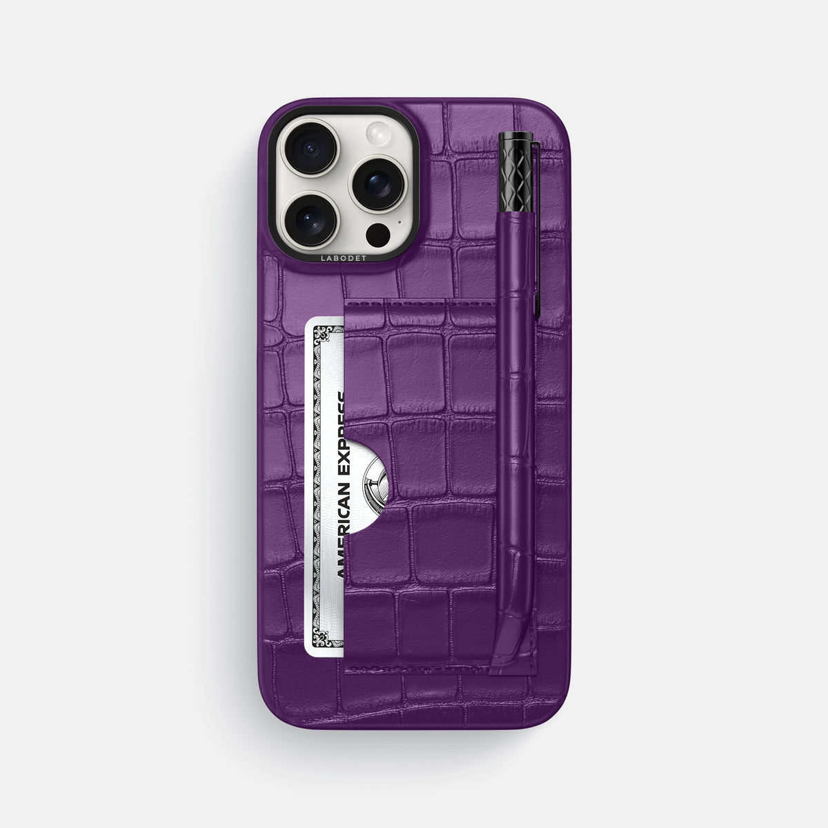 Purple iPhone 16 Pro Max Card and Pen Holder Case Alligator with Black Metal -1 | Purple-Black