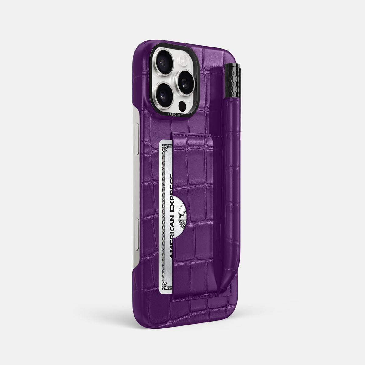 Purple iPhone 16 Pro Max Card and Pen Holder Case Alligator with Black Metal -2 | Purple-Black