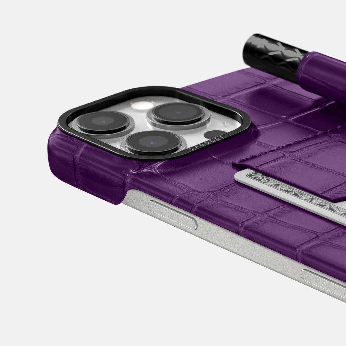 Purple iPhone 16 Pro Max Card and Pen Holder Case Alligator with Black Metal -4 | Purple-Black