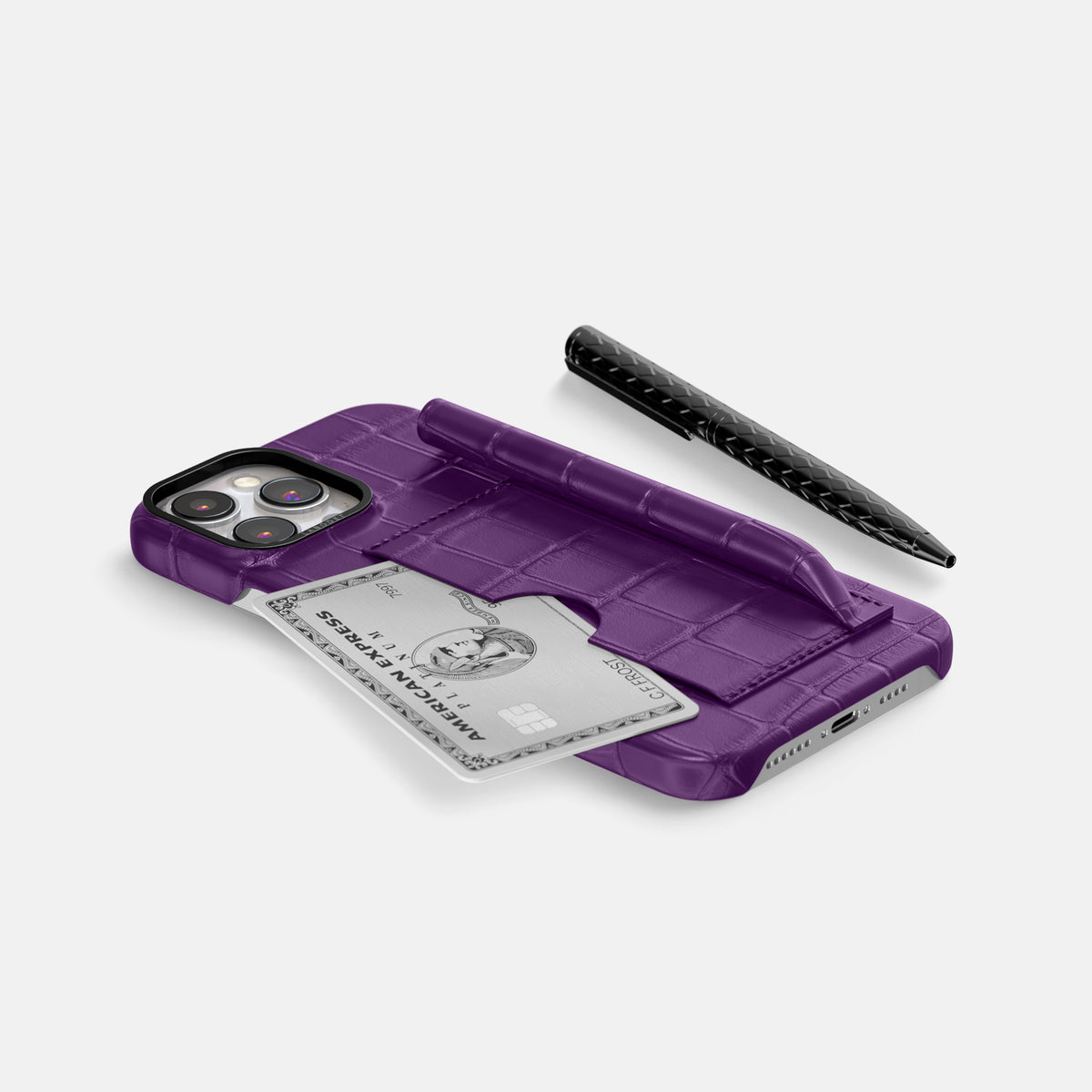Purple iPhone 16 Pro Max Card and Pen Holder Case Alligator with Black Metal -5 | Purple-Black