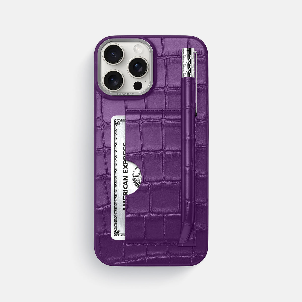 Purple iPhone 16 Pro Max Card and Pen Holder Case Alligator with Steel Metal -1 | Purple-Steel