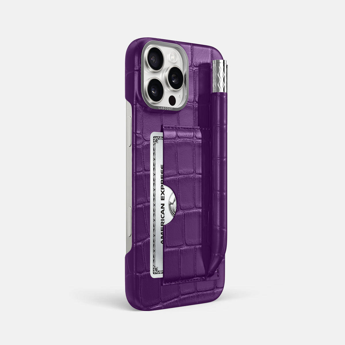 Purple iPhone 16 Pro Max Card and Pen Holder Case Alligator with Steel Metal -2 | Purple-Steel