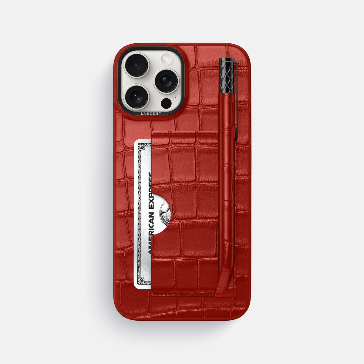 Red iPhone 16 Pro Max Card and Pen Holder Case Alligator with Black Metal -1 | Red-Black