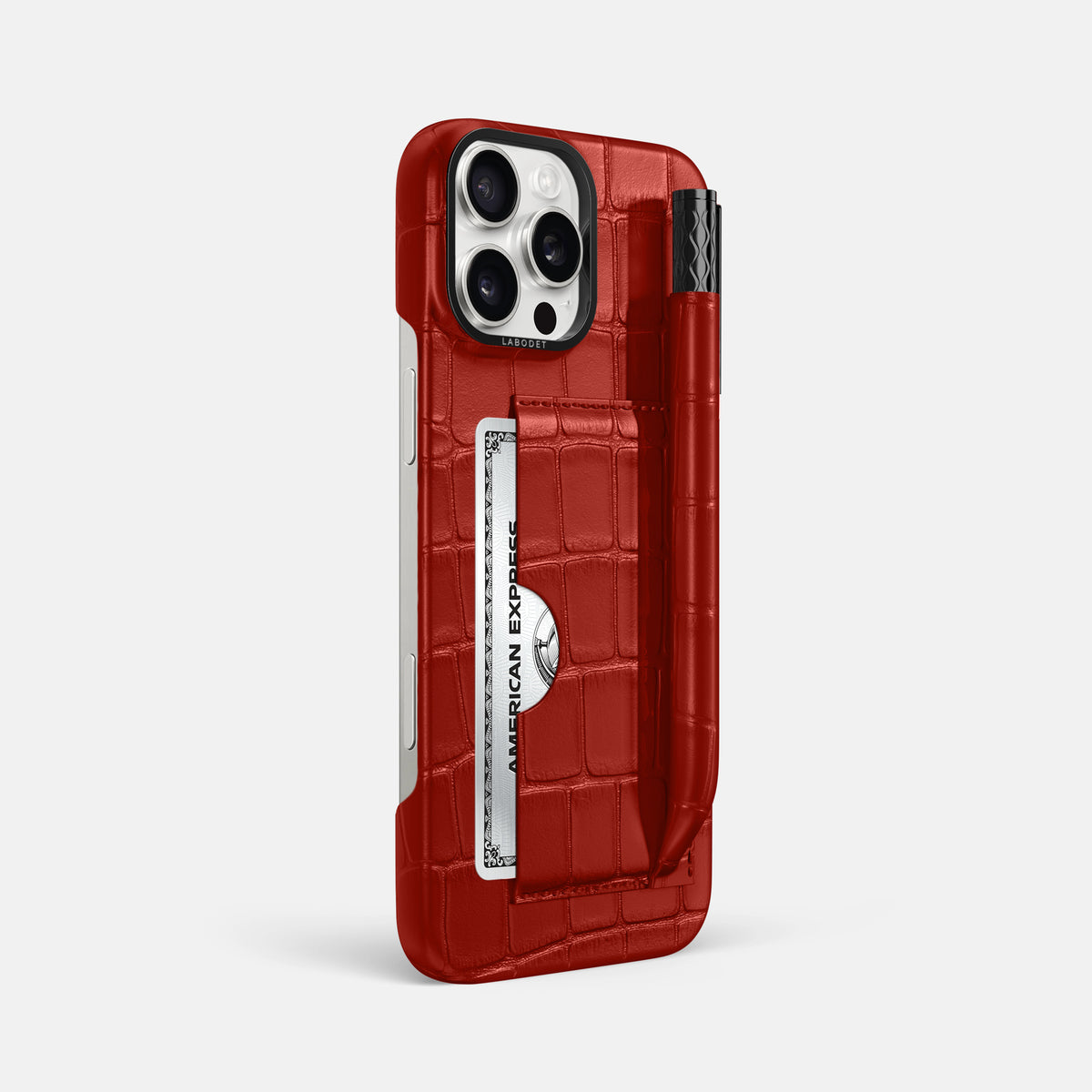 Red iPhone 16 Pro Max Card and Pen Holder Case Alligator with Black Metal -2 | Red-Black