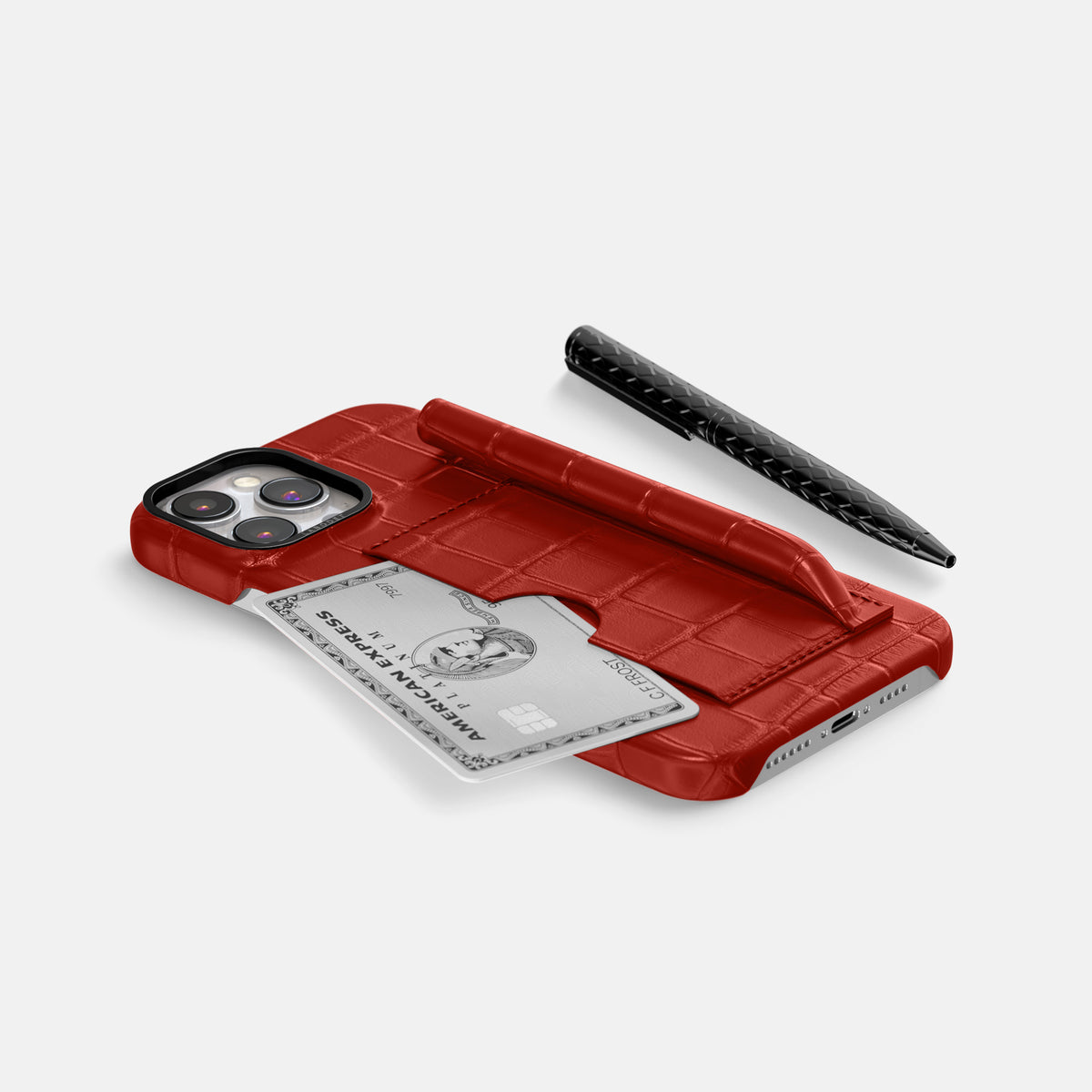 Red iPhone 16 Pro Max Card and Pen Holder Case Alligator with Black Metal -5 | Red-Black