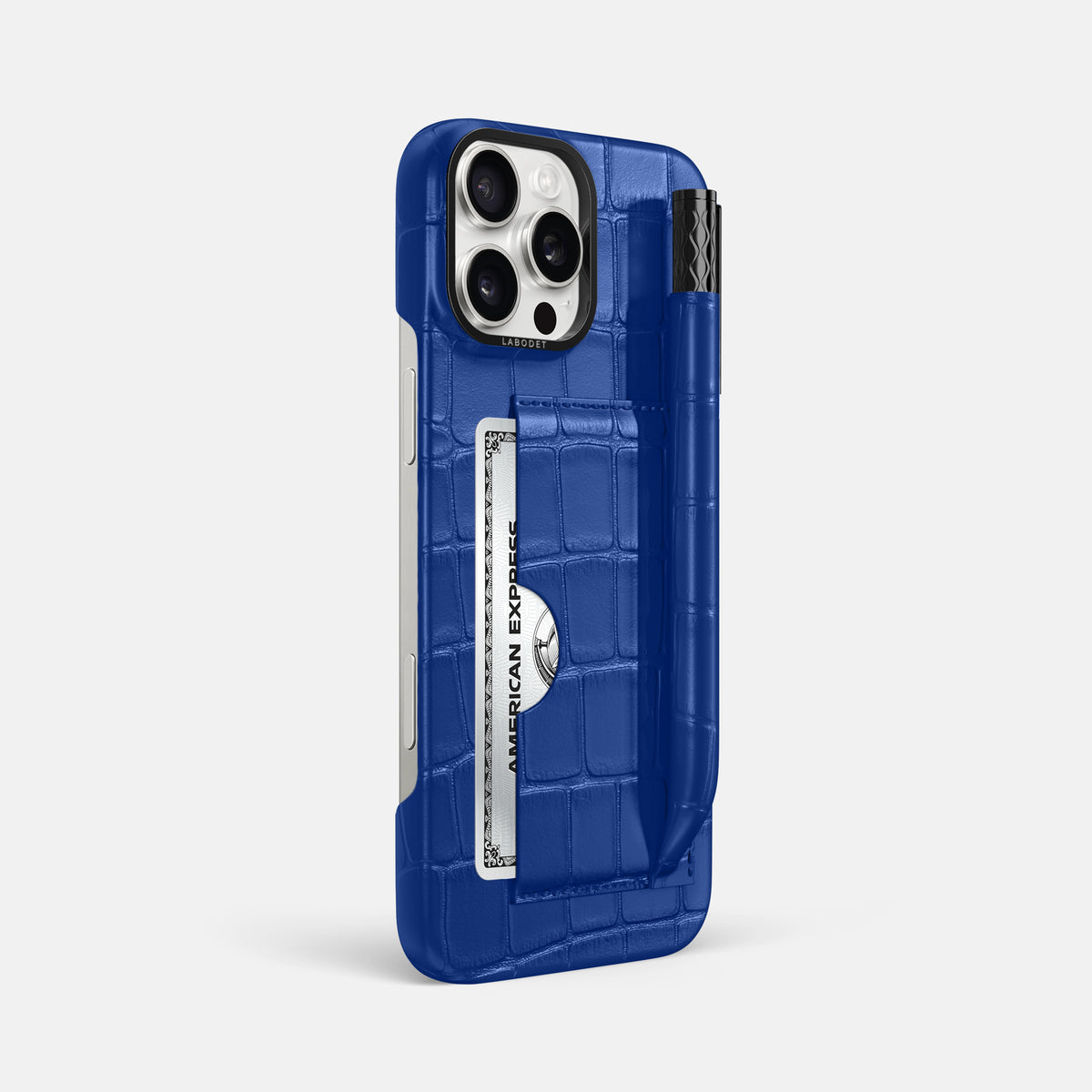 Royal Blue iPhone 16 Pro Max Card and Pen Holder Case Alligator with Black Metal -2 | Royal-Blue-Black