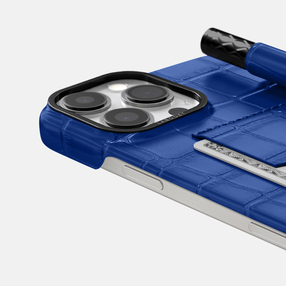 Royal Blue iPhone 16 Pro Max Card and Pen Holder Case Alligator with Black Metal -4 | Royal-Blue-Black