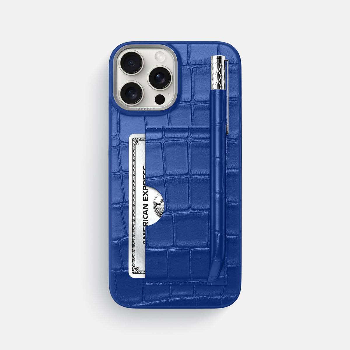 Royal Blue iPhone 16 Pro Max Card and Pen Holder Case Alligator with Steel Metal -1 | Royal-Blue-Steel