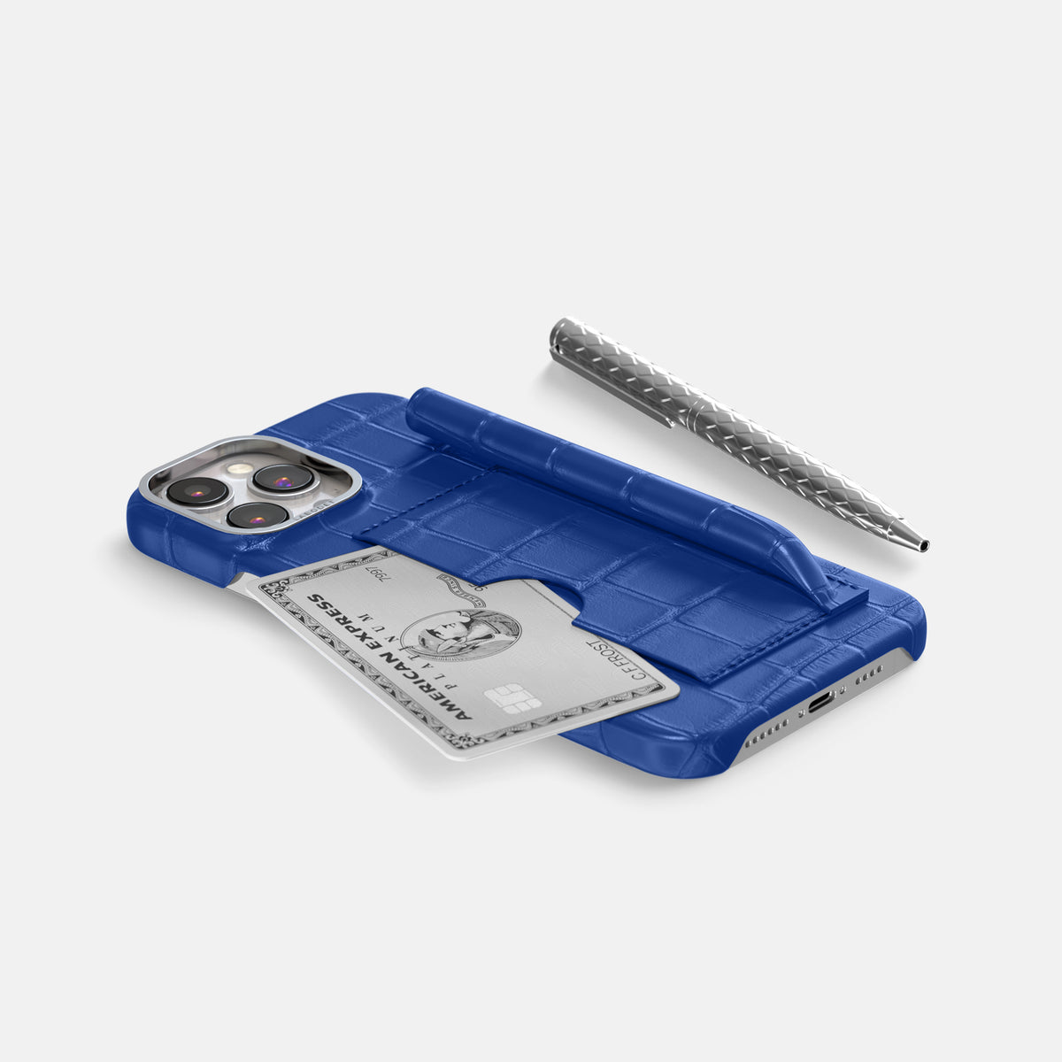 Royal Blue iPhone 16 Pro Max Card and Pen Holder Case Alligator with Steel Metal -5 | Royal-Blue-Steel