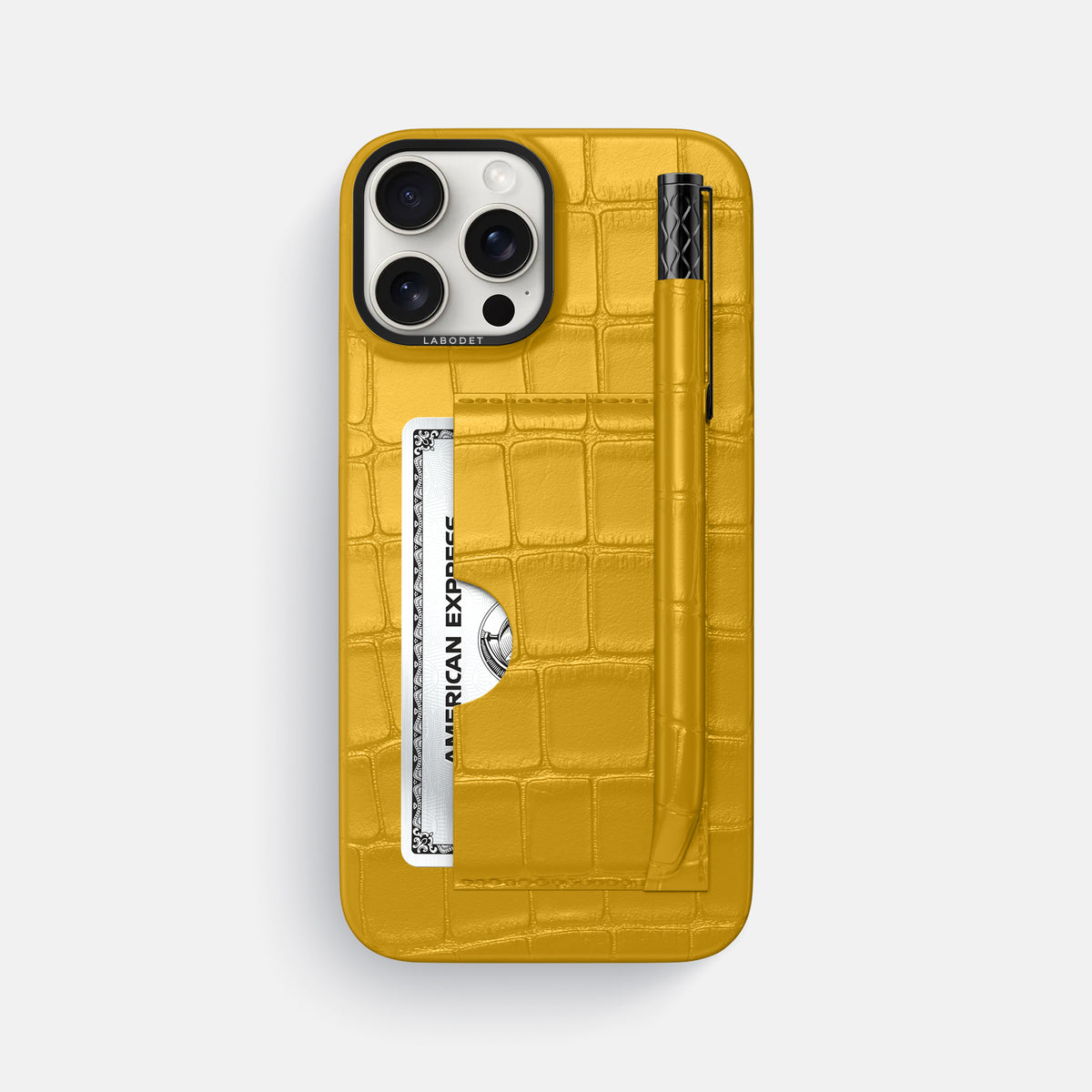 Yellow iPhone 16 Pro Max Card and Pen Holder Case Alligator with Black Metal -1 | Yellow-Black
