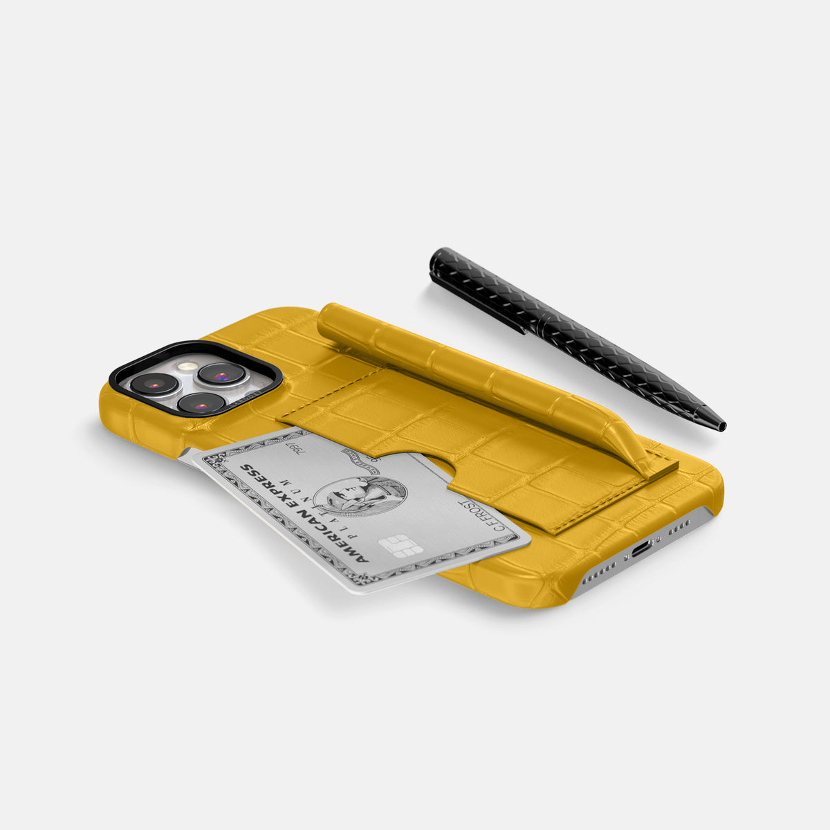 Yellow iPhone 16 Pro Max Card and Pen Holder Case Alligator with Black Metal -5 | Yellow-Black