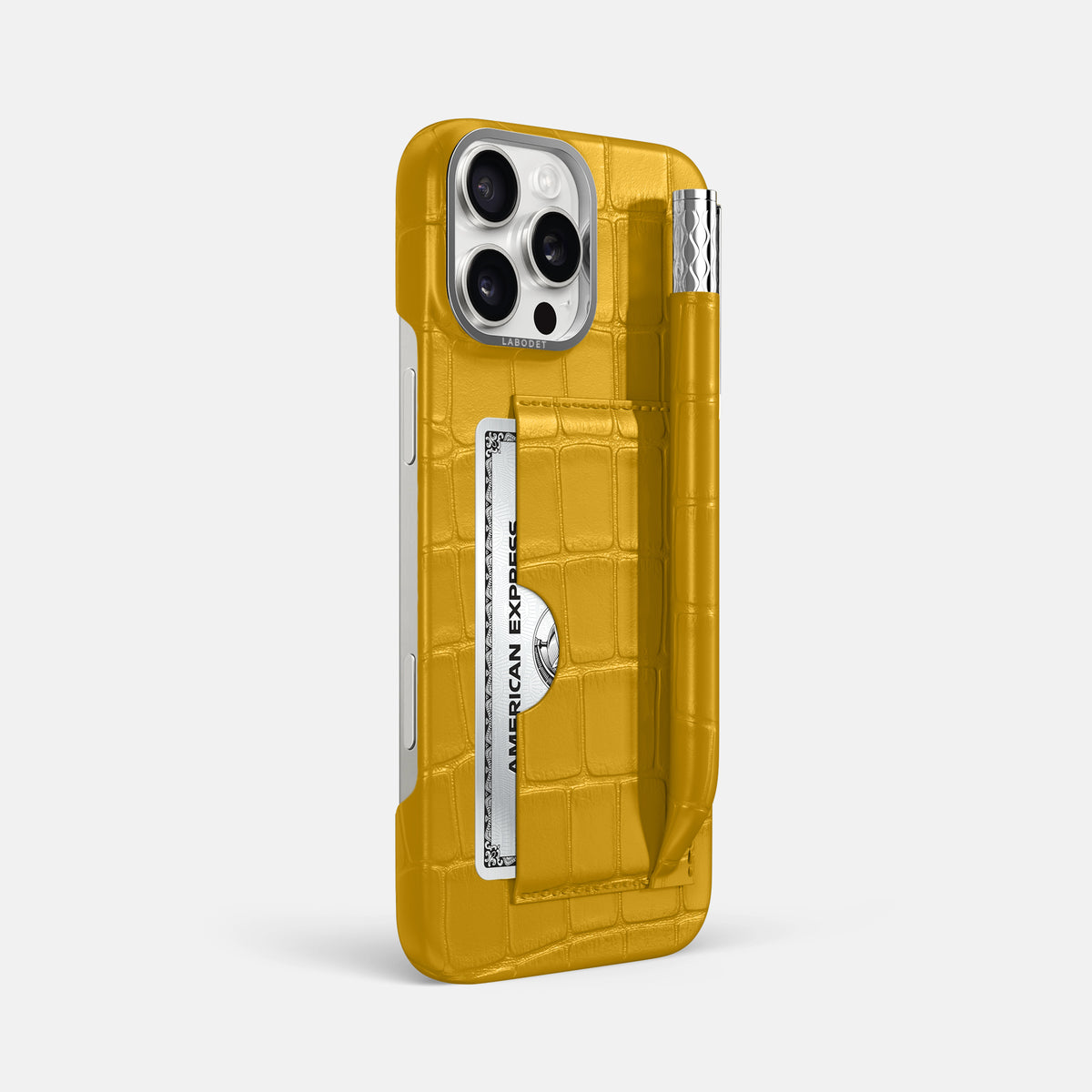 Yellow iPhone 16 Pro Max Card and Pen Holder Case Alligator with Steel Metal -2 | Yellow-Steel
