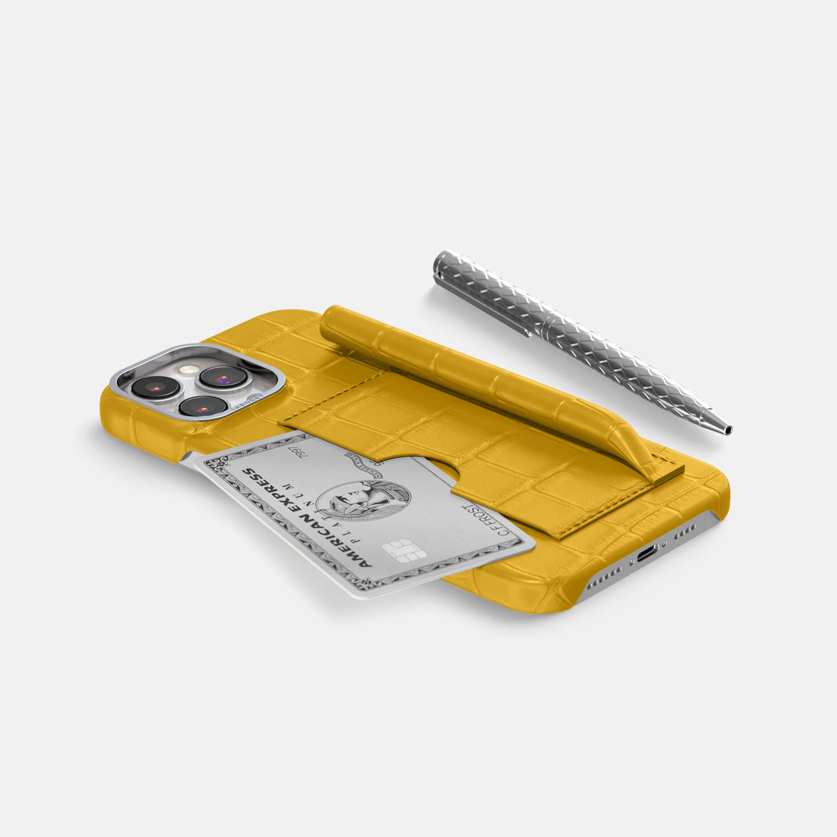 Yellow iPhone 16 Pro Max Card and Pen Holder Case Alligator with Steel Metal -5 | Yellow-Steel