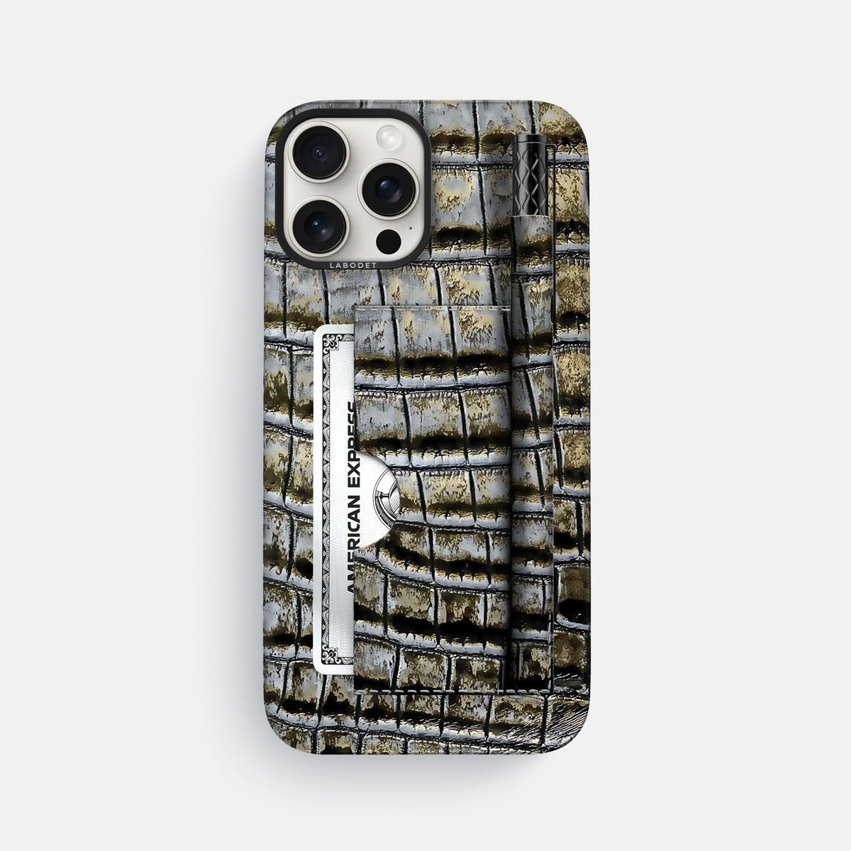 Antique-Bronze iPhone 16 Pro Max Card and Pen Holder Case Himalayan Crocodile with Black Metal -1 | Antique-Bronze-Black